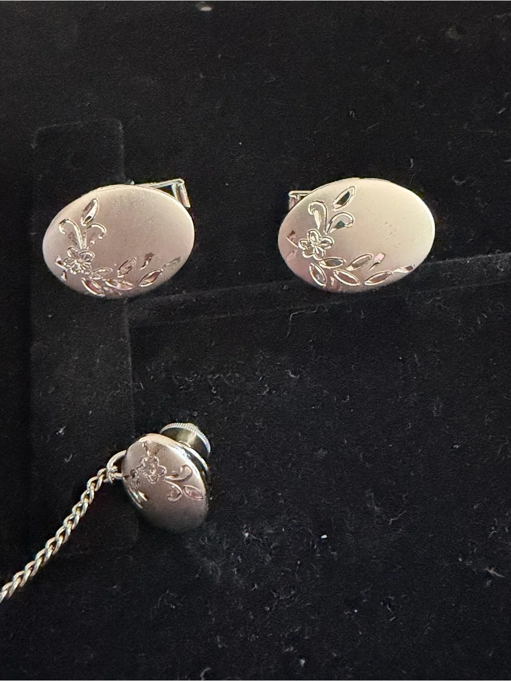 Silver Floral Engraved Oval Cufflinks and Stud Set
